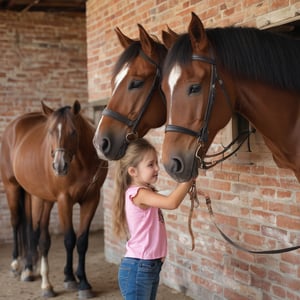 Eye-level indoors, a warm smile from the fair--skinned woman with long brown hair and pink shirt radiates towards the left side of the frame as she gazes at the camera. In the foreground, a fair-skinned child in blue jeans and black boots stands beside the light-brown horse with white mane, adorned with red halter and bridle. The child's hands gently touch the horse's nose, his left arm bent at the elbow revealing a black helmet underneath. The stable's brick walls, vines, and flowers bring nature indoors, as the woman and child share a tender moment amidst rustic charm.