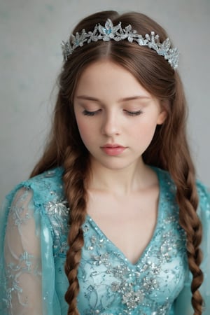 A serene portrait of a fair-skinned girl with long brown hair, dressed in a stunning turquoise dress adorned with silver crown and blue jewels. She wears a white long-sleeved dress with intricate silver sequins and a large flower centerpiece, her pigtails braided at the ends. Eyes closed, mouth slightly agape, she exudes contemplation. Against the stark white backdrop, a bold red curtain adds vibrancy to the left frame.