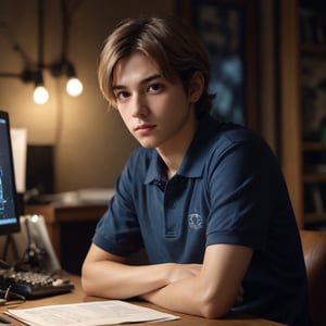 A young boy, likely in his late teens or early twenties, sits contemplatively on a worn wooden bench amidst the dimly lit confines of a clandestine hacker's hideout. Soft, muted lighting emanates from a combination of overhead fluorescent tubes and strategically placed desk lamps, casting minimal shadows on the character's relaxational pose. With his blonde locks slightly tousled and a thoughtful expression etched on his youthful face, he gazes off to the side, lost in thought. 

Against a background of gleaming computer screens and scattered cables, his focused attention remains riveted on an unknown point beyond the frame, his eyes beseeching secrets from the shadows. His blue polo shirt, bearing a crisp white logo on the left shoulder, seems at odds with the anarchy and disorder that surrounds him, yet it stands as a testament to the boy's resilience and adaptability. 

The cityscape outside, visible through the grimy tenement windows, serves as a constant reminder of the world beyond this hermetic realm, with towering skyscrapers and swaying palm trees silhouetted against a tapestry of bright city lights. Shot on a Fujifilm X-Pro3 with the Fujinon XF 56mm f-1.2 R lens, this close-up portrait captures the essence of a young hacker's fleeting moments of introspection amidst the labyrinthine corridors of the digital underground. The muted color palette and soft lighting imbue the image with a sense of quiet introspection, as if the boy's thoughts are suspended in a world of his own creation, where the boundaries between reality and fantasy blur. The velvety texture of the Fujifilm X-Pro3's film grain, subtly amplified in this shot, infuses the overall aesthetic with an air of intimacy and immediacy.