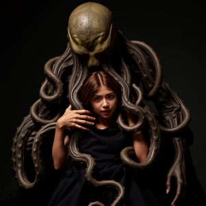 In a chilling and enchanting scene, a faceless tentacle monster tenderly embraces a frightened yet adorable young woman, creating a stark contrast between the dreadful presence of Cthulhu and the cuteness of his victim. Despite the terrifying situation, an unexpected romantic and sensual tenderness emerges between the two, weaving an unexpected depth into the composition and adding nuance to the horrifying premise. The dreadful yet beautiful image exudes a fascinating blend of fear, curiosity, and affection, as if plucked from the pages of a classic Lovecraftian tale. This unforgettable scene encapsulates the essence of the mind-bending, gothic horror that has captivated audiences for generations, inviting viewers to explore the fascinating realms of terror and tenderness that lie beyond the boundaries of the mundane.