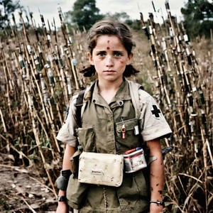 1girl, cute. A battle-hardened medic stands ready at a field station during a wartime mission, fully equipped with his med kit, bandages rolled tightly and syringes prepared. His unflinching eyes stare straight into the lens of the camera, conveying both the determination to save lives amidst the chaos of conflict and the empathy for those who have been wounded in combat. The medic's life is defined by two conflicting desires: a commitment to his fellow soldiers and a need to preserve their humanity in even the darkest times.