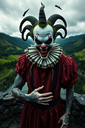 A sinister, twisted evil clown with pale skin and dark, sunken eyes dons saintly attire, contrasting with Medusa-inspired tattoos that snake across his arms and face. He stands provocatively in a fantasy world with a stone wall behind him, green hills rolling into the distance, and a cloudy sky above. A shallow depth of field and center-focused, eye-level angle highlight the clown’s unsettling presence. Cinestillidoscurio’s vivid hues and hyperdetailed, intricate textures bring the scene to life, with dramatic, moody lighting casting deep shadows and highlighting the clown’s malevolent grin. The background features a serene river, adding a stark contrast to the foreboding figure. The scene is framed with film grain and a dark, noir aesthetic, enhancing the eerie atmosphere.