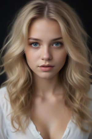 The image is a portrait of a young girl with long blonde hair. She is looking directly at the camera with a serious expression on her face. Her hair is styled in loose waves and falls over her shoulders. She has a slight smile on her lips and her eyes are a piercing blue. The background is black, making the girl the focal point of the image. She appears to be wearing a white blouse with a ruffled neckline. The lighting is soft and natural, highlighting her features,Supersex