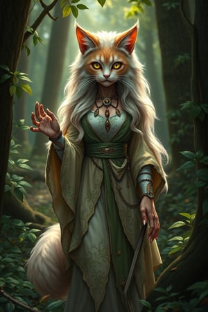 A lifelike catgirl hybrid, radiant with allure, gracefully stands amid a serene forest's depths. Her fluffy fur envelops a form adorned in a flowing nature-inspired tunic, eyes aglow with both whimsy and mischief. Subtle feline claws enhance her hands, while lush foliage and,anthro