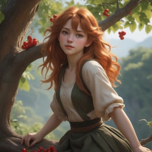  Cute girl gathering cherries on a tree, very long hair, reddish blonde, perfect body, cute face, curvy , insanely detailed art, Renoir Sorolla Degas manet, 8k resolution, lusciously drawn, soft render, ray tracing, unreal engine 5, illustration, by Beeple, WLOP, J. C. Leyendecker stalenhag, Mucha Katsuhiro Otomo by Ruan Jia and Mandy Jurgens and Artgerm and William-Adolphe Bouguereau, featured on artstation, anime style, 4k, in focus, details, hyper realistic,2d rays, cinematic composition, majestic light, 8k resolution, masterpiece, high resolution, award, epic scenery, dark fantasy environment, dnd character Scrolls squats, official studio and professional visual novel cover, fan deviantart Studio,at studio and professional video, by James wain and by Roger Dean and by Ross Tran and by Peter miyakoAnki