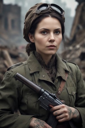 In a dark, alternate World War II setting, a supernatural-infused version of Lyudmila Pavlichenko, dressed in Soviet sniper attire, stands amidst the ruins of a WW2 battlefield. Her demonic tattoos glow with an otherworldly energy as she peers through her rifle's scope, her spectral aura radiating an air of fierce determination. Enchanted bullets loaded into her weapon, she prepares to take down Axis forces. The Nazi regime's dark mystical allies seem no match for her tactical prowess and unwavering commitment to vengeance. A spectral entity looms in the distance, its presence amplified by Lady Death's connection to Pavlichenko.