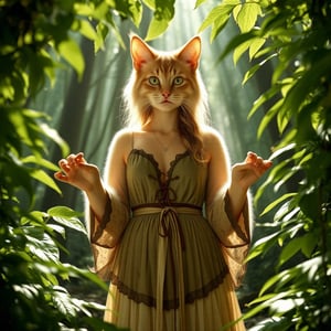 A lifelike catgirl hybrid stands amidst the serene forest's depths, her radiant aura drawing attention to her alluring presence. Framed by a canopy of lush greenery, she wears a flowing nature-inspired tunic that complements her fluffy fur, with subtle feline claws adorning her hands. Her eyes aglow with whimsy and mischief, she seems to be savoring the tranquility of her surroundings.