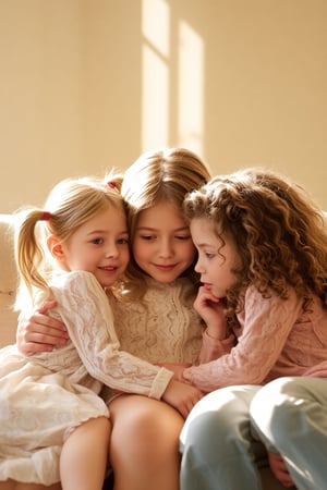 Soft morning sunlight filters through the window, illuminating a tender moment between three sisters, ages 7, 12, and 18. The youngest, with pigtails and a bright smile, snuggles up to her siblings as they sit on a plush couch, surrounded by warm beige walls. The older sister, with long hair and a gentle gaze, wraps an arm around their shoulders, while the middle child, with curly locks and a thoughtful expression, looks down at her little sisters with adoration. The scene exudes warmth and coziness, with soft golden light casting a loving glow on the trio's innocent faces.