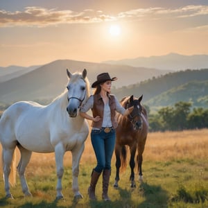 A young woman stands tall in a sun-kissed field, her black cowboy hat shading her face from the warm sky above. Wearing a brown leather vest, she tenderly pets a majestic white horse standing on its hind legs, their eyes locked in a gentle gaze. The rolling hills and cerulean blue horizon blend seamlessly, evoking a sense of peace and serenity.