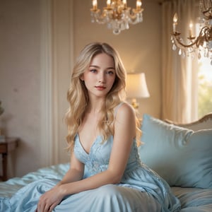 A young woman with long blonde hair cascading down her back in loose waves, sits serenely on a plush bed, facing the camera with a gentle smile. Her light blue dress falls softly around her, the delicate fabric catching the soft glow of a warm setting sun. Slightly parted lips and half-lidded eyes convey a sense of peaceful contentment. Above her, a majestic chandelier hangs suspended, its crystals refracting the fading light as she sits amidst a blurred background, lost in thought.