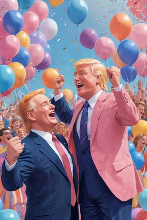 Campy Gay Propaganda Poster: A vibrant, retro-style illustration featuring Trump and Putin embracing, lips locked, and holding aloft rainbow-colored flags amidst a lively Pride Walk backdrop. The duo's faces beam with joy, surrounded by confetti, balloons, and cheering crowds. Pink and blue hues dominate the composition, with bold graphics and playful typography capturing the spirit of inclusivity and love.
