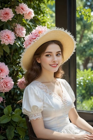 The subject of the painting is a young woman dressed in a white dress with short sleeves. Her attire appears to be formal or semi-formal, suggesting that she might be attending a special occasion such as a party, wedding, or ball. 

She is wearing a wide-brimmed yellow hat adorned with delicate lace trimmings around its edge, which matches her bright smile and youthful demeanor. There's also a ribbon tied at the base of the brim, adding another decorative element.

The woman has light brown hair styled neatly under the hat, giving off a classic look reminiscent of early 20th-century fashion trends. Her eyes are downcast but directed towards the viewer, hinting at shy or bashful emotions without revealing too much vulnerability. Her skin tone suggests fair complexion, likely indicating Caucasian heritage, although it’s hard to determine definitively from the image alone.

In the background, there seems to be a large bush with vibrant pink flowers. This floral backdrop adds color contrast against the white dress while bringing out the greenery around the area where the lady stands. The leaves on these bushes suggest lush growth indicative of springtime weather conditions, enhancing the overall cheerful ambiance of the scene. 

Behind the woman lies what looks like a window frame, possibly part of a garden view through glass doors or windows, showing more trees and sky beyond. The outdoor setting indicates that the woman may have been captured during a pleasant day outdoors, potentially near a home garden or park. The reflection of light on various surfaces hints at the sun being present, emphasizing a serene, peaceful moment caught by the artist.

Overall, the composition captures elements of innocence, femininity, elegance, and nature, making for a harmonious blend typical of classical portraiture styles often associated with Impressionist or Romanticism influences.