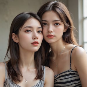 A tender moment unfolds as two young women share a quiet intimacy in a soft-focus close-up. The woman on the left cradles her head on the shoulder of her friend, their long hair flowing like silk. The striped skirt adds a pop of color against the neutral tones. The woman on the right wears a bold black top with a silver chain necklace glinting in the subtle light. Their dark brown eyes and deep red lips are painted with precision. In the background, a small rectangular mirror hangs at an angle, its glassy surface reflecting the serene atmosphere.