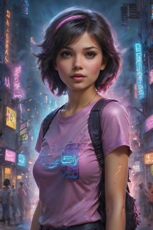 In a gritty cyberpunk metropolis, Dora the Explorer morphs into a stunning digital painting, bathed in neon hues and high-contrast lighting. Her portrait, akin to Henriette Kaarina Amelia von Buttlar's realistic artwork, exudes fashion sense and tenacity. Framed by towering skyscrapers and holographic advertisements, Dora's striking visage dominates the composition, her eyes gleaming like LED lights in a darkened alleyway. Amidst this dystopian landscape, her pose screams defiance, as if ready to conquer the virtual realm with nothing but a backpack full of digital gadgets.,Supersex