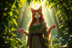 A lifelike catgirl hybrid stands amidst the serene forest's depths, her radiant aura drawing attention to her alluring presence. Framed by a canopy of lush greenery, she wears a flowing nature-inspired tunic that complements her fluffy fur, with subtle feline claws adorning her hands. Her eyes aglow with whimsy and mischief, she seems to be savoring the tranquility of her surroundings.