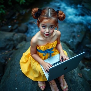 A young girl with fair skin, golden-brown hair in buns, and an innocent yet curious expression sits on rocky terrain by a river, dressed in a strapless yellow dress with a blue waist sash and beige high heels. She wears a black floral hair accessory and is engaged with a laptop, representing technology integration in fashion. The scene is set in a natural, bioluminescent environment with soft pastel lighting and multi-colored hues from below, casting a cool, ethereal glow. The close-up, selfie angle captures her slightly tilted head, with blurred foliage in the background. The high perspective shot, taken with a Canon EOS 5D Mark IV and Canon EF 24-70mm f/2.8L II, features film grain and a cool color palette, evoking the visual style of director David Lynch.