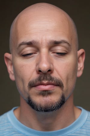 In a medium shot, a bald man with a goatee and mustache gazes down at the camera, his eyes closed and mouth slightly ajar. He wears a light blue t-shirt with a blue stripe and black text The Lord is my Shepherd on the left side, partially visible behind his head. The framing emphasizes his introspective expression, with the subtle smile suggesting contemplation or prayer.