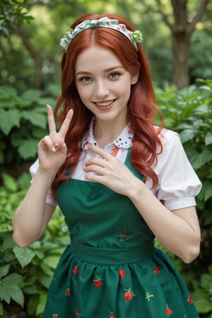 Portrait of a vibrant redhead posing in a lush outdoor setting with blurred greenery behind her. The subject wears a charming red and white apron with strawberry design, white collar, and green skirt adorned with red polka dots. A green headband featuring blue and white floral pattern sits atop her fiery locks. Her bright smile and outstretched hands form a peace sign, as if she's embracing the serenity of her surroundings.