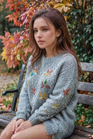 Beautiful woman, contemplative and reflective, sitting on a bench, cozy sweater, autumn park with colorful leaves, soft overcast light, muted color photography style, 4K quality.