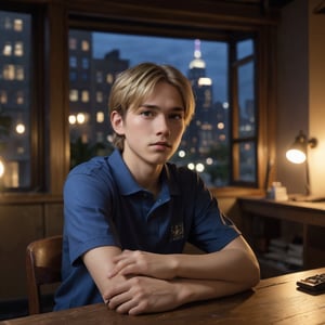 A young boy, likely in his late teens or early twenties, sits contemplatively on a worn wooden bench amidst the dimly lit confines of a clandestine hacker's hideout. Soft, muted lighting emanates from a combination of overhead fluorescent tubes and strategically placed desk lamps, casting minimal shadows on the character's relaxational pose. With his blonde locks slightly tousled and a thoughtful expression etched on his youthful face, he gazes off to the side, lost in thought. 

Against a background of gleaming computer screens and scattered cables, his focused attention remains riveted on an unknown point beyond the frame, his eyes beseeching secrets from the shadows. His blue polo shirt, bearing a crisp white logo on the left shoulder, seems at odds with the anarchy and disorder that surrounds him, yet it stands as a testament to the boy's resilience and adaptability. 

The cityscape outside, visible through the grimy tenement windows, serves as a constant reminder of the world beyond this hermetic realm, with towering skyscrapers and swaying palm trees silhouetted against a tapestry of bright city lights. Shot on a Fujifilm X-Pro3 with the Fujinon XF 56mm f-1.2 R lens, this close-up portrait captures the essence of a young hacker's fleeting moments of introspection amidst the labyrinthine corridors of the digital underground. The muted color palette and soft lighting imbue the image with a sense of quiet introspection, as if the boy's thoughts are suspended in a world of his own creation, where the boundaries between reality and fantasy blur. The velvety texture of the Fujifilm X-Pro3's film grain, subtly amplified in this shot, infuses the overall aesthetic with an air of intimacy and immediacy.