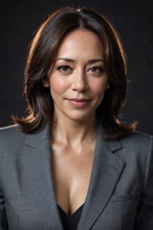 Kamala Harris, Vice President of the United States, exudes confident elegance in a medium shot against a dark background. Soft box lighting creates a flattering glow on her mature beauty, accentuating her silver fox hair and natural makeup. Her direct eye contact and subtle smile convey approachability and seriousness. A high-end camera captures her portrait with an 80mm lens at f/1.4, producing a shallow depth of field and film grain texture. The Canon EOS 5DS R, ISO 100, and 6x7cm medium format film ensure natural skin tones and color accuracy. No retouching or graphics are applied, allowing her mature presence to shine.