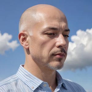 Eye-level close-up reveals a contemplative middle-aged man with a bald head, gray sparse hair and bushy white goatee. His eyes are closed, face tilted slightly left, as he gazes downward. Light blue shirt with white stripe contrasts against pale blue sky and wispy clouds in the background.