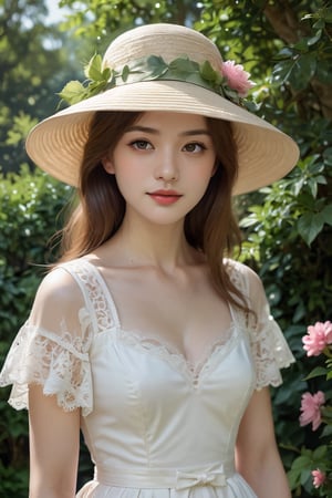 The subject of the painting is a young woman dressed in a white dress with short sleeves. Her attire appears to be formal or semi-formal, suggesting that she might be attending a special occasion such as a party, wedding, or ball. 

She is wearing a wide-brimmed yellow hat adorned with delicate lace trimmings around its edge, which matches her bright smile and youthful demeanor. There's also a ribbon tied at the base of the brim, adding another decorative element.

The woman has light brown hair styled neatly under the hat, giving off a classic look reminiscent of early 20th-century fashion trends. Her eyes are downcast but directed towards the viewer, hinting at shy or bashful emotions without revealing too much vulnerability. Her skin tone suggests fair complexion, likely indicating Caucasian heritage, although it’s hard to determine definitively from the image alone.

In the background, there seems to be a large bush with vibrant pink flowers. This floral backdrop adds color contrast against the white dress while bringing out the greenery around the area where the lady stands. The leaves on these bushes suggest lush growth indicative of springtime weather conditions, enhancing the overall cheerful ambiance of the scene. 

Behind the woman lies what looks like a window frame, possibly part of a garden view through glass doors or windows, showing more trees and sky beyond. The outdoor setting indicates that the woman may have been captured during a pleasant day outdoors, potentially near a home garden or park. The reflection of light on various surfaces hints at the sun being present, emphasizing a serene, peaceful moment caught by the artist.

Overall, the composition captures elements of innocence, femininity, elegance, and nature, making for a harmonious blend typical of classical portraiture styles often associated with Impressionist or Romanticism influences.