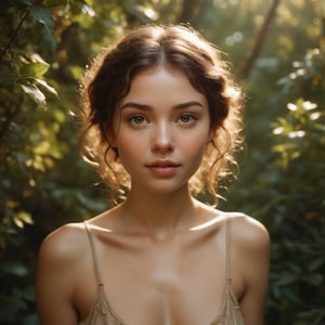 A captivating shot of a forest nymph, bathed in warm, golden light, as she poses confidently amidst lush foliage. Her piercing gaze and radiant smile draw the viewer's attention, while her slender figure and soft, rosy complexion exude innocence and charm. The subject's delicate features are set against a richly textured background, reminiscent of Sorolla's brushstrokes, with subtle shading and depth that invites the viewer to step into the whimsical world.