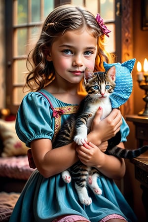 Capturing the essence of a strong yet feminine woman, this image depicts her in a glamorous pose as she holds a playful kitten. The scene is rendered with intricate detail and stunning oil painting techniques, highlighting both the subject's beauty and the surroundings. With cinematic lighting casting a warm glow on the scene, it invokes feelings of nostalgia and comfort. The photograph features a 40mm lens at f/1.2, resulting in a sharp focus that emphasizes the connection between the little girl and her beloved kitten. This striking portrait will leave viewers captivated by its unique blend of vivid colors, 4K textures, high contrast, and hidden magical elements.,