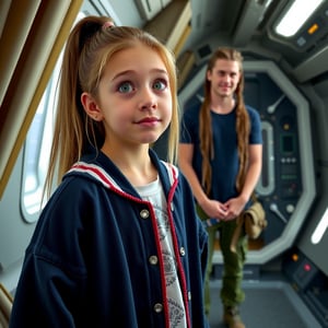 A young woman with fair, matte skin and long, straight light brown hair in a high ponytail stands close-up, her large, expressive green eyes tilted upward in curiosity. She wears a soft, fuzzy navy blue varsity jacket with red and white stripes over a white shirt with intricate silver embroidery. Behind her, a non-Euclidean architect with plaited hair and a lip ring, dressed in green cargo pants, black t-shirt, and hiking boots, stands straight, hands clasping a bag, weight on right leg, smiling. They are inside a high-tech orbital space station, with a stone wall and draped curtains, studio lighting with strong rim light, creating a double complementary (tetradic) color palette. The scene is framed with a shallow depth of field, emphasizing the young woman's youthful and approachable appearance, reminiscent of a Bob Ross painting, with subtle film grain and pastel color grading, capturing a moment of wisdom transfer and intimacy.