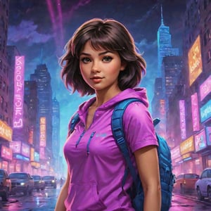In a gritty cyberpunk metropolis, Dora the Explorer morphs into a stunning digital painting, bathed in neon hues and high-contrast lighting. Her portrait, akin to Henriette Kaarina Amelia von Buttlar's realistic artwork, exudes fashion sense and tenacity. Framed by towering skyscrapers and holographic advertisements, Dora's striking visage dominates the composition, her eyes gleaming like LED lights in a darkened alleyway. Amidst this dystopian landscape, her pose screams defiance, as if ready to conquer the virtual realm with nothing but a backpack full of digital gadgets.