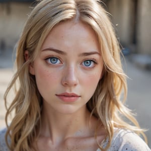 A close-up portrait of a young blonde woman, gazing directly into the lens with a solemn expression. Her loose waves cascade down her shoulders, framing her heart-shaped face and piercing blue eyes, speckled with freckles. The blurred background hints at an outdoor setting with a concrete floor, but the focus remains on her serene and calm demeanor.