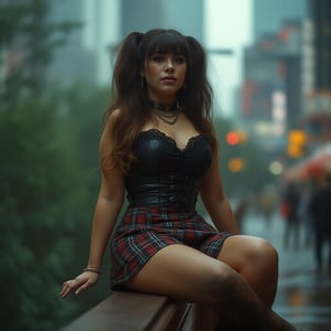 A rotund young woman with twintails hair, dressed as a Wall Street broker yuppie in a black corset top and plaid skirt, sits on a wooden railing in a cyberpunk city. Her glossy, retro 80s outfit features lace details, and she has an engaged expression with one leg raised. The scene is a close-up, eye-level shot with shallow depth of field, the green foliage and blurred cityscape creating a moody, analogous color palette. High key lighting from a softbox placed straight on illuminates her face, casting subtle shadows and highlighting the glossy texture of her clothing. The image, shot on a Panasonic Lumix S5 with a Lumix S PRO 70-200mm f-2.8 O.I.S lens, has a triadic color palette and a cinematic feel, reminiscent of Julie Blackmon's style, with film grain and a slightly overexposed background.