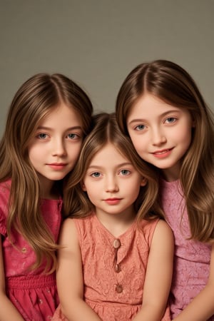 A heartwarming and sentimental portrait of three sisters, 1200*900, aged 7, 12, and 18, showcasing their growth and bond, photorealistic, warm colors, and soft lighting, capturing the innocence and beauty of sisterly love.