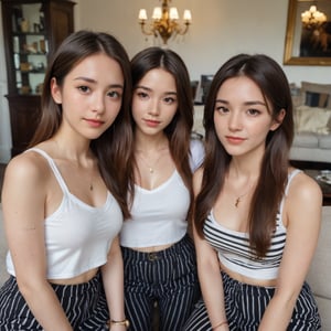 The image is a selfie of two young women. The woman on the left is wearing a white crop top and black and white striped pants. She has long brown hair and is looking directly at the camera with a serious expression on her face. She is also wearing a gold necklace with a pendant. The background appears to be a living room with a couch and a coffee table.