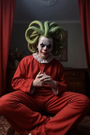 In a hauntingly lit, dimly veiled chamber, a grotesque clown clad in sacred vestments poses with an air of malevolent reverence. Medusa's snake-haired visage writhes across his pale skin like a living curse, as if hellish energies course through his very being. The eerie glow of Cinestillidoscurio's vivid hues casts an otherworldly sheen, illuminating the twisted juxtaposition of sacred and profane.