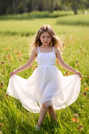 A young girl's dreamy dance unfolds in a sun-kissed meadow, surrounded by wildflowers of vibrant hues. Her flowing white dress ripples softly as she twirls, bathed in warm rays of sunlight filtering through lush green grass. Rays of light dance across her beaming smile, capturing the carefree essence of Renoir or Morisot's Impressionist style.