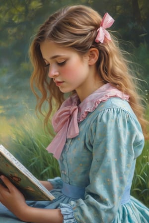 The image is a painting in an impressionist style, depicting a young girl with long, wavy, light brown hair adorned with a pink bow on the right side. She is shown in profile, facing to the left, and is dressed in a light blue, polka-dotted dress with a high collar. The girl appears to be engrossed in reading a book, which she holds in her right hand, her left hand resting on her lap. The background is a blurred, abstract mixture of greens and yellows, suggesting an outdoor setting with tall, grassy vegetation. The painting is executed in soft, blended brushstrokes, characteristic of impressionist art, which gives a gentle, dreamy quality to the image. The girl's expression is calm and focused, her eyes looking down at the book. The overall mood of the painting is serene and contemplative, capturing a quiet moment of reading and reflection. The texture of the painting is smooth and rich, with a soft, luminous quality that enhances the impressionistic style.