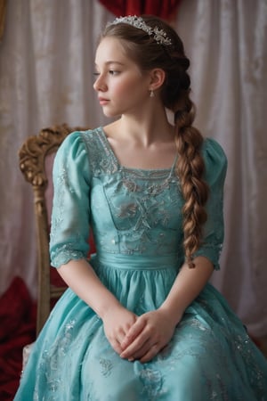 A serene young girl, with porcelain skin and luscious brown locks, sits peacefully in a medium shot. She wears a stunning turquoise dress, bedazzled with silver sequins and a show-stopping flower at its center. Her pigtails, adorned with delicate braids, frame her angelic face as she closes her eyes, slightly parted lips conveying contemplation. The stark white backdrop provides a striking contrast to her vibrant attire, while the red curtain to the left adds a bold pop of color.