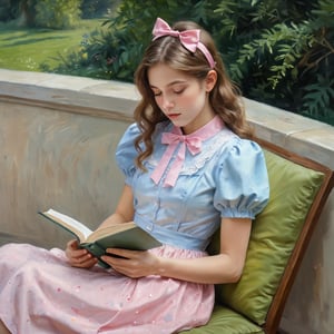 The image is a painting in an impressionist style, depicting a young girl with long, wavy, light brown hair adorned with a pink bow on the right side. She is shown in profile, facing to the left, and is dressed in a light blue, polka-dotted dress with a high collar. The girl appears to be engrossed in reading a book, which she holds in her right hand, her left hand resting on her lap. The background is a blurred, abstract mixture of greens and yellows, suggesting an outdoor setting with tall, grassy vegetation. The painting is executed in soft, blended brushstrokes, characteristic of impressionist art, which gives a gentle, dreamy quality to the image. The girl's expression is calm and focused, her eyes looking down at the book. The overall mood of the painting is serene and contemplative, capturing a quiet moment of reading and reflection. The texture of the painting is smooth and rich, with a soft, luminous quality that enhances the impressionistic style.