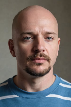 In a medium, eye-level shot, a bald, fair-skinned man with a goatee and mustache gazes downward at the camera, his eyes closed, mouth slightly ajar. He wears a light blue t-shirt with a blue stripe down the center, featuring the lord is my shepherd in black letters on the left side. The partially visible shirt hints at introspection, as he stands in thought, his contemplative expression inviting the viewer to share his quiet moment.