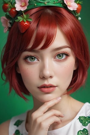 a detailed close-up captures a young woman, clad in a vibrant strawberry costume. her red hair is styled into a bob cut, accentuated by a crown adorned with green and white beads. the costume's apron features a large strawberry motif, adding a playful touch to the ensemble. the woman's eyes are painted a striking green, while her lips are a radiant pink. her hands rest on her chin, framing her face perfectly