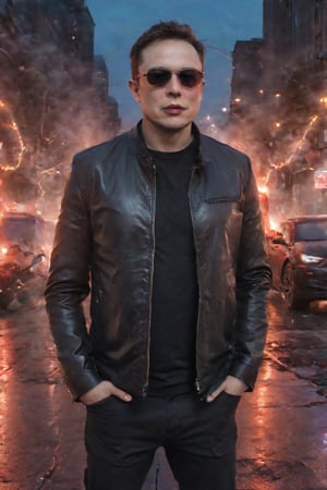 A darkened cityscape at dusk, with neon lights reflecting off the wet pavement. Elon Musk, dressed in a black leather jacket and sunglasses, stands tall, his eyes glowing red as he summons an army of miniature electric cars to do his bidding. His right hand holds a Tesla Cybertruck, its metallic body emblazoned with a sinister grin.