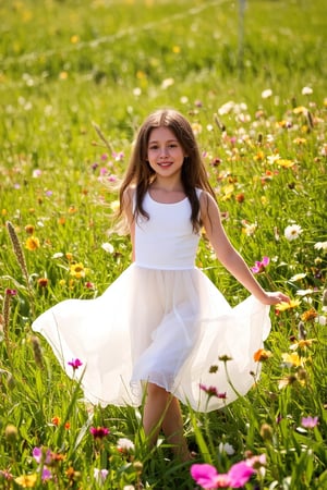 A  girl's dreamy dance in a sun-kissed meadow, surrounded by vibrant wildflowers, wears a flowing white dress, the girl is 6 years old,beaming with a bright and charming smile, as warm rays of sunlight filter through lush green blades, casting a soft glow on the serene scene, reminiscent of Renoir or Morisot's Impressionist masterpieces.,hubggirl