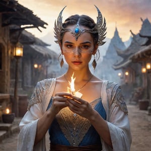 An ethereal, beautiful sorceress played by Rey Anders and Anya Taylor, donning an intricate mask, strikes a glamour pose in an elaborate, serene village on the last day of Ataly. The scene is drawn by Andrei W Guangj Maximenko with intricate details and highly realistic lighting, revealing a serene yet mystical atmosphere that captures her winning photorealistic essence.