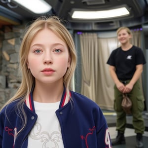 A young woman with fair, matte skin and long, straight light brown hair in a high ponytail stands close-up, her large, expressive green eyes tilted upward in curiosity. She wears a soft, fuzzy navy blue varsity jacket with red and white stripes over a white shirt with intricate silver embroidery. Behind her, a non-Euclidean architect with plaited hair and a lip ring, dressed in green cargo pants, black t-shirt, and hiking boots, stands straight, hands clasping a bag, weight on right leg, smiling. They are inside a high-tech orbital space station, with a stone wall and draped curtains, studio lighting with strong rim light, creating a double complementary (tetradic) color palette. The scene is framed with a shallow depth of field, emphasizing the young woman's youthful and approachable appearance, reminiscent of a Bob Ross painting, with subtle film grain and pastel color grading, capturing a moment of wisdom transfer and intimacy.,tronggg