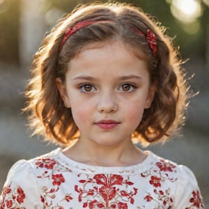 A tantalizing close-up shot of a luscious little girl, her striking red eyes gleaming like rubies in the warm sunlight. Her sun-kissed glow radiates from her porcelain skin as she poses with poise, her intricate clothing shimmering in exquisite detail from waist up. The full-frame photograph frames her perfectly, highlighting the elegance and sophistication of this trendsetting scene, fit for ArtStation's primetime showcase.