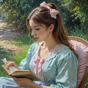 The image is a painting in an impressionist style, depicting a young girl with long, wavy, light brown hair adorned with a pink bow on the right side. She is shown in profile, facing to the left, and is dressed in a light blue, polka-dotted dress with a high collar. The girl appears to be engrossed in reading a book, which she holds in her right hand, her left hand resting on her lap. The background is a blurred, abstract mixture of greens and yellows, suggesting an outdoor setting with tall, grassy vegetation. The painting is executed in soft, blended brushstrokes, characteristic of impressionist art, which gives a gentle, dreamy quality to the image. The girl's expression is calm and focused, her eyes looking down at the book. The overall mood of the painting is serene and contemplative, capturing a quiet moment of reading and reflection. The texture of the painting is smooth and rich, with a soft, luminous quality that enhances the impressionistic style.