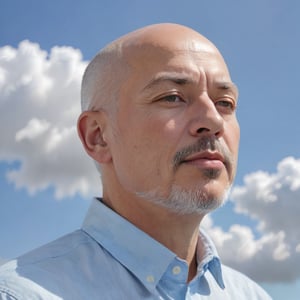 Eye-level close-up reveals a contemplative middle-aged man with a bald head, gray sparse hair and bushy white goatee. His eyes are closed, face tilted slightly left, as he gazes downward. Light blue shirt with white stripe contrasts against pale blue sky and wispy clouds in the background.