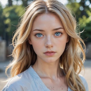 The image is a close-up portrait of a young woman with blonde hair and blue eyes. She is looking directly at the camera with a serious expression on her face. Her hair is styled in loose waves and falls over her shoulders. She has freckles on her skin and her eyes are a piercing blue color. The background is blurred, but it appears to be an outdoor setting with a concrete floor. The overall mood of the image is calm and serene.